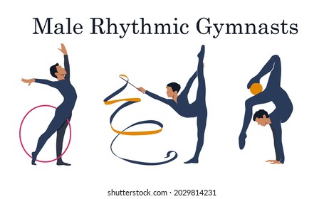 Male rhythmic gymnasts with colorful apparatus, hoop, ribbon and ball. Vector illustration set 