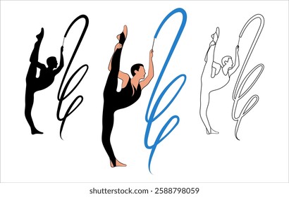 Male rhythmic gymnasts with ribbon. Vector set of line drawing, black silhouette and flat illustration of an athlete