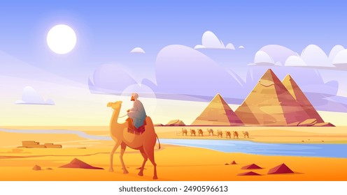 Jinete masculino en camello en el desierto egipcio con superficie de arena seca caliente, agua en el río y horizonte piramidal. Ilustración vectorial de dibujos animados de beduinos caminando en dromedario en el paisaje del Sahara africano.