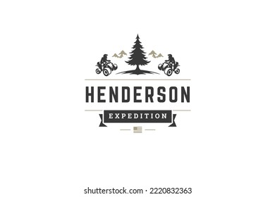 Male riders on quad bikes race extreme sport riding on mountain natural forest landscape vintage logo design template vector illustration. Quadbike off road driving active lifestyle branding mark