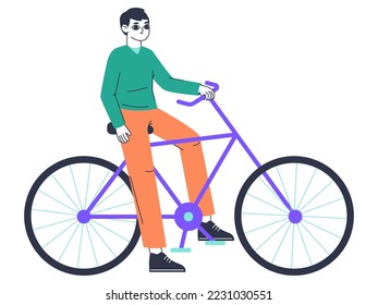 Male riding bike. Man on bicycle, active bike riding, eco friendly transportation flat vector illustration on white background