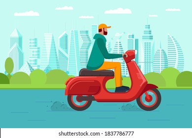 Male riding retro style scooter on modern city park road. Man drives red moped on street. Boy vintage motorcycle driver. Hipster on bike life in motion lifestyle vector eps illustration