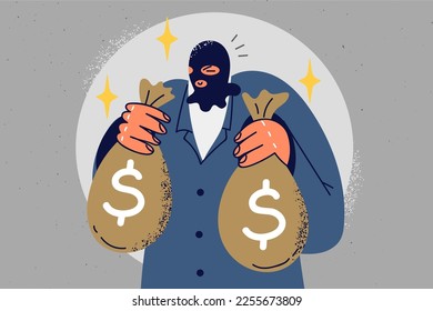 Robador masculino o ladrón en la máscara de fachada sostiene bolsas con dinero robado. Hombre ladrón con paquetes de dinero en manos. Crimen y robo. Ilustración vectorial. 