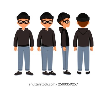 Male robber constructor. Man in black hoodie and hat. Kit for creating cartoons. Pack of character in different poses. Crime and burglary. Flat vector collection isolated on white background