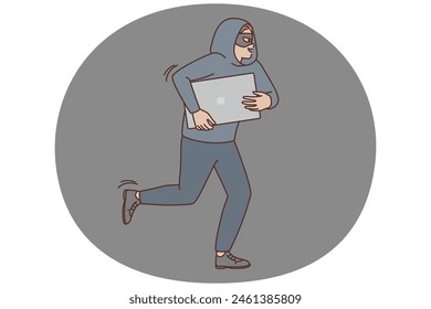 Male robber in mask and hood steal computer running from burglary site. Smiling man burglar or criminal with laptop in hands commit theft. Vector illustration.