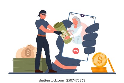 Male robber in mask stealing money from sad grandmother on smartphone screen, scammer calls old lady cartoon . Online scam and fraud, theft from bank account of elderly woman