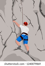 male rock climber. rock climber climbs on a rocky wall. vector illustation