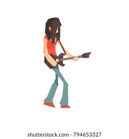 Male rock musician character playing guitar cartoon vector Illustration