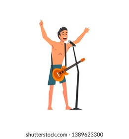 Male Rock Musician Playing Guitar and Singing with Microphone at Open Air Concert, Rock Fest, Outdoor Summer Music Festival Vector Illustration