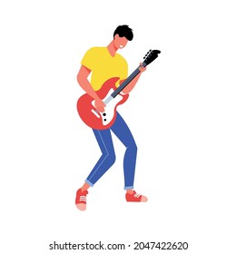 Male rock musician playing guitar flat icon vector illustration