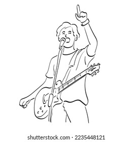 male rocker singer with electric guitar pointing up illustration vector hand drawn isolated on white background line art. 