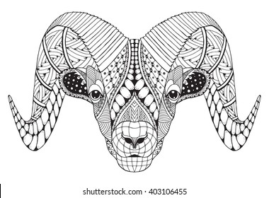 Male rocky mountain bighorn sheep ram head zentangle stylized, vector illustration, freehand pencil, hand drawn, pattern. Zodiac sign aries. 