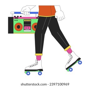 Male roller skater holding boombox 2D linear cartoon legs close-up. 80s caucasian man isolated line vector hands closeup white background. Rollerskating with audio system color flat spot illustration