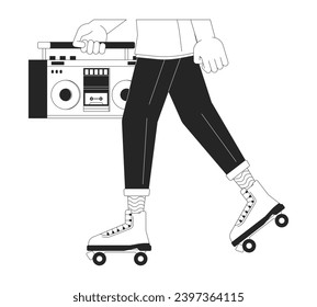 Male roller skater holding boombox black and white 2D line cartoon legs closeup. 80s caucasian man isolated vector outline hands close up. Rollerskating with audio monochromatic flat spot illustration