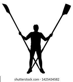 Male Rower Standing With Crossed Rowing Oars