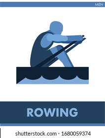 Male rowing icon vector. A man is competing in boating. Pictogram, symbol. Men or boys sports. International men's sport. Image is one of a series. Isolated, white background.