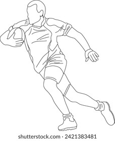 Male Rugby player holding ball on pitch. Sportsman runing with a rugby ball. 