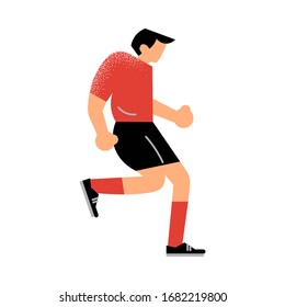Male rugby player runs in a red t-shirt. Vector illustration in flat cartoon style.
