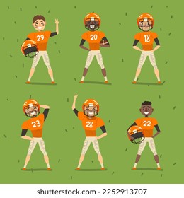 Male Rugby Players or American Football Players in Uniform and Helmets on Green Field Vector Set