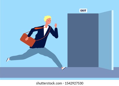 Male run to exit. Businessman fast moving to opening door evacuation or emergency escape out from office place vector character