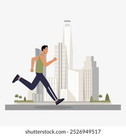 Male runner in athletic gear with urban skyline background in flat vector illustration symbolizing fitness, health, and active lifestyle, isolated on white background.