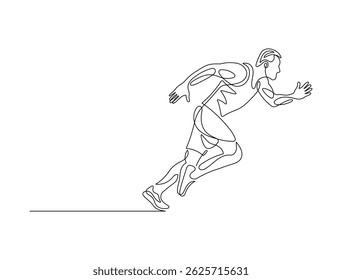 Male runner in continuous line drawing style. Running athlete in minimalist black linear sketch isolated on white background. Vector illustration
