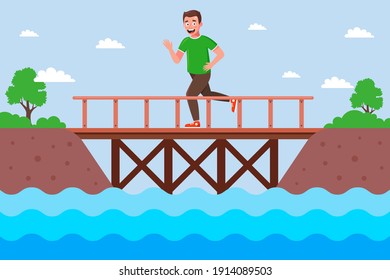 male runner crosses the river over a wooden bridge. flat vector illustration.
