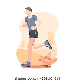 Male runner listening to music while jogging outdoors. Flat style illustration for fitness banner or background.
