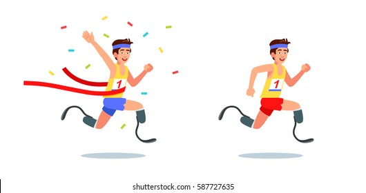 Male runner on artificial limbs has won in competitions. On the T-shirt Number 1 Flat style vector illustration clipart.