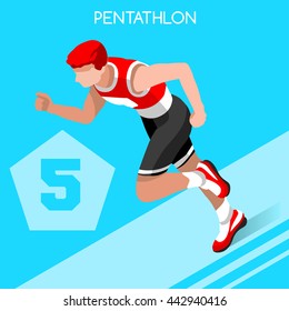 Male Runner Pentathlon Sportsman running race workout Set. Isometric male Athlete Pentathlete runner. Individual Modern Pentathlon Run workout Sport Competition. Infographic events run Vector people