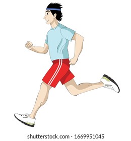 Male runner in red shorts and blue t-shirt