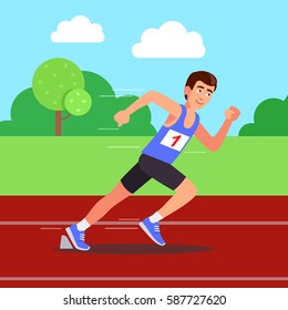 Male runner running competitions in the park on a rubber coating. On the T-shirt Number 1. Flat style vector illustration clipart.