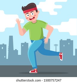 male runner runs against the backdrop of the city. Flat character vector illustration.