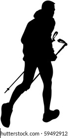 Male Runner With Trekking Poles Running Mountain Trail Black Silhouette