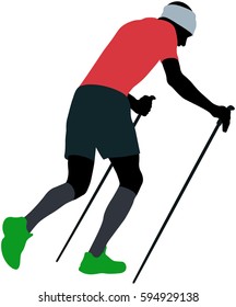 male runner with trekking poles running uphill in compression socks