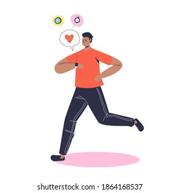 Male Runner Using Smartwatch Tracker While Jogging. Young Man Running With Wristband Device. Electronic Watchband For Jogging Concept. Cartoon Vector Illustration