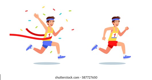 Male runner won the competition. On the T-shirt Number 1 Flat style vector illustration clipart.