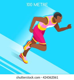 Male Running 100 Metres Dash male Athletic Sportsman Speed Concept. Isometric black Athlete. Individual Sport Athletic. Sport Competition black Runner Infographic Track Field event set Vector People