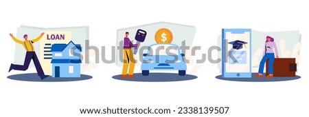 Male running to house. Man borrowed money and bought car. Set of cartoon characters borrow money from the bank to buy valuable things. Easy instant credit concept. Flat vector illustration