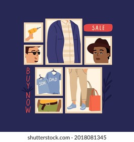 Male sale. Shopping discount men fashion, man wear hat and stylish jacket. Fashionable photo collage, contemporary vector buy now poster