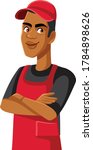 Male Sales Clerk Supermarket Employee Standing With Arms Crossed. Grocery store worker greeting clients with friendly smile 
