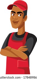Male Sales Clerk Supermarket Employee Standing With Arms Crossed. Grocery store worker greeting clients with friendly smile 
