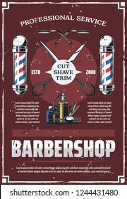 Male salon barbershop vector retro poster with tools to trim, shave and cut. Scissors and cologne perfume, razor and shaving brush, haircut and beard styling. Hipster barber service, vintage design