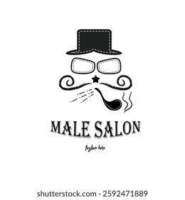 Male salon logo vector illustration with beard face and hat and dummy text on white background.