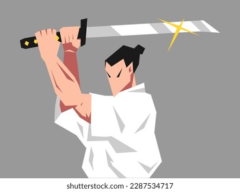 male samurai character angry expression lifting katana. concept of japan, dojo, samurai. suitable for t-shirt design, sticker, print, poster, etc. flat vector illustration.