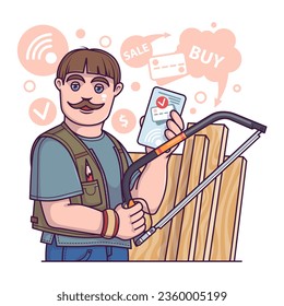 Male with saw chooses tools in online store via smartphone. Order and buying different instruments for work with wood. Online shopping. Flat vector illustration in cartoon style