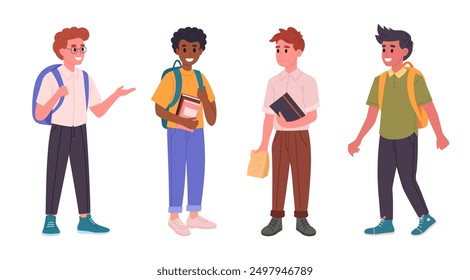 Male school students. Junior high or middle school boys with backpacks and books, happy friends going to school flat vector illustration set. Male school pupils