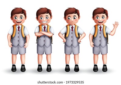 Male school students vector characters set. Boy 3d student standing in uniform with waving, smiling and sad gesture and expression for kids education collection design. Vector illustration