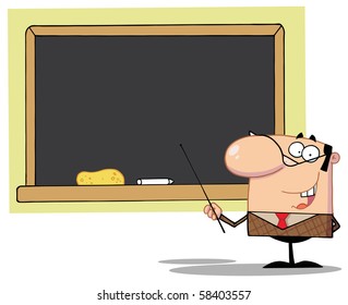 Männlicher Schullehrer mit Zeiger auf der Kopfsteinpflasterplatte