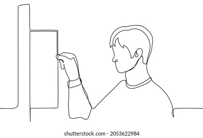 Male Schoolboy Holding Open Locker Door - One Line Drawing. Student Looks Into A Locker He Has Opened